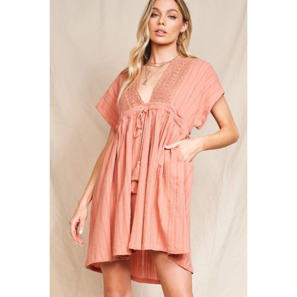 SOLD OUT Clay Cover Up Style Crochet Boho Swingy Dress w/ Tassel Trim Tie Casual - Picture 2 of 8